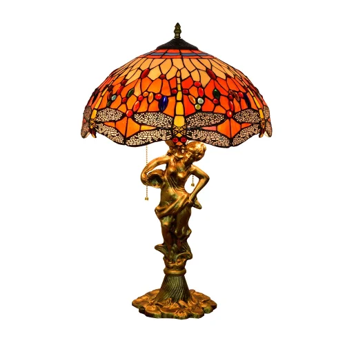 Настольная лампа Тиффани Dragonfly OFT932 Tiffany Lighting разноцветная жёлтая красная бежевая 2 лампы, основание золотое металл в стиле тиффани стрекоза