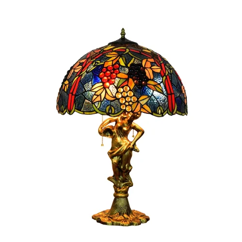 Настольная лампа Тиффани Grape OFT935 Tiffany Lighting разноцветная синяя красная зелёная 2 лампы, основание золотое металл в стиле тиффани виноград
