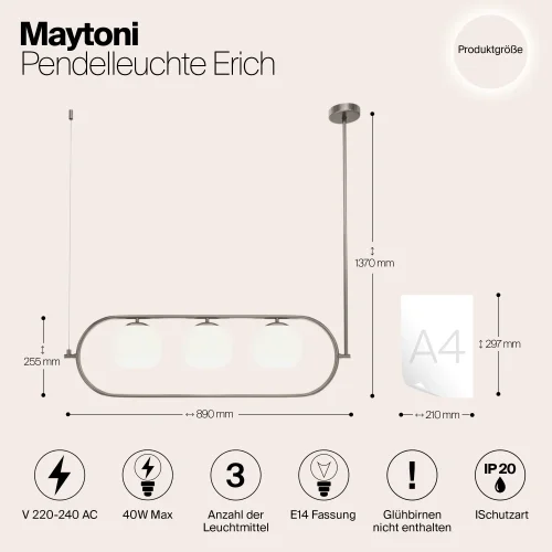 Светильник подвесной Erich MOD221PL-03N Maytoni белый на 3 лампы, основание никель в стиле современный шар фото 2