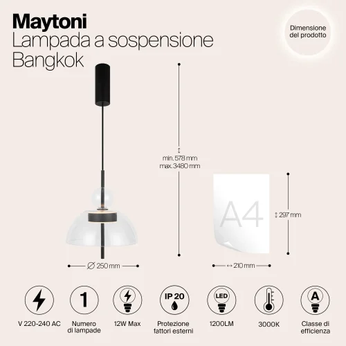 Светильник подвесной LED Bangkok MOD185PL-L6B3K1 Maytoni прозрачный на 1 лампу, основание чёрное в стиле современный фото 9