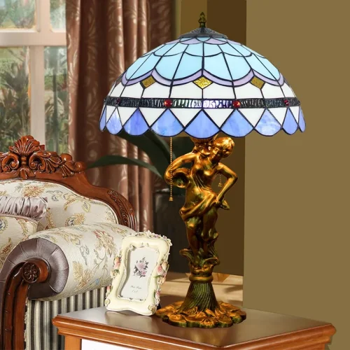 Настольная лампа Тиффани Mediterranean OFT943 Tiffany Lighting голубая разноцветная белая 2 лампы, основание золотое металл в стиле тиффани орнамент средиземноморский фото 2
