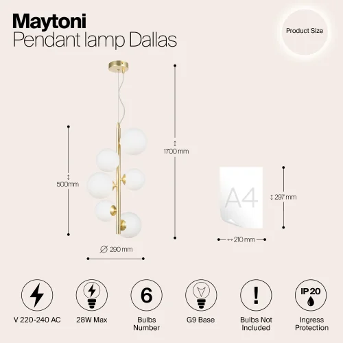 Светильник подвесной Dallas MOD545PL-06BS Maytoni белый на 6 ламп, основание золотое в стиле современный шар фото 7