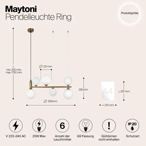 Люстра подвесная Ring MOD013PL-06BS1 Maytoni белая на 6 ламп, основание латунь в стиле современный шар фото 3