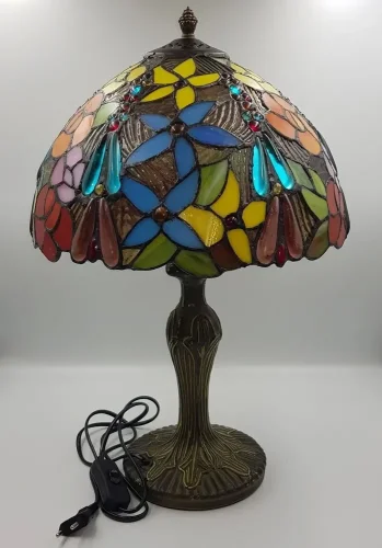 Настольная лампа Тиффани 885-804-01 Velante разноцветная 1 лампа, основание бронзовое коричневое металл в стиле тиффани цветы фото 3