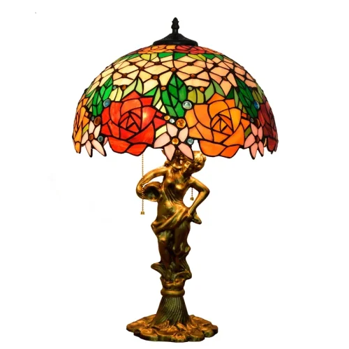 Настольная лампа Тиффани Rose OFT940 Tiffany Lighting разноцветная оранжевая красная зелёная 2 лампы, основание золотое металл в стиле тиффани цветы