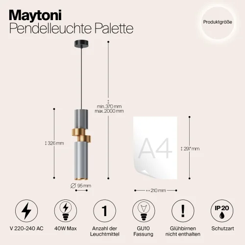 Светильник подвесной Palette MOD303PL-01CFL2 Maytoni серый золотой на 1 лампу, основание чёрное в стиле современный трубочки фото 3