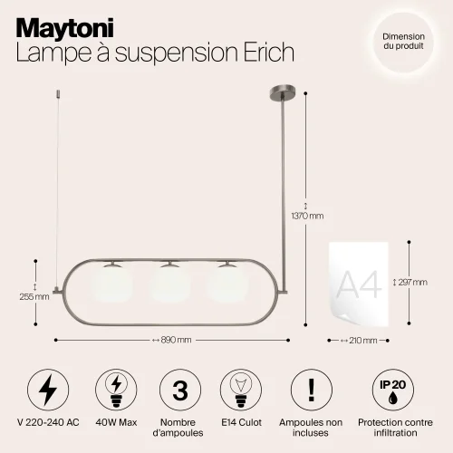 Светильник подвесной Erich MOD221PL-03N Maytoni белый на 3 лампы, основание никель в стиле современный шар фото 5