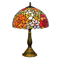 Настольная лампа Тиффани Flower OFT827 Tiffany Lighting разноцветная оранжевая красная 1 лампа, основание коричневое металл в стиле тиффани цветы