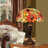 Настольная лампа Тиффани Sunflower OFT920 Tiffany Lighting разноцветная оранжевая жёлтая 2 лампы, основание коричневое металл в стиле тиффани цветы