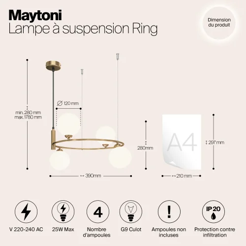 Светильник подвесной Ring MOD013PL-04BS1 Maytoni белый на 4 лампы, основание латунь в стиле современный шар фото 6