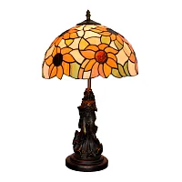 Настольная лампа Тиффани Sunflower OFT877 Tiffany Lighting разноцветная оранжевая зелёная белая 1 лампа, основание коричневое металл в стиле тиффани цветы девушка