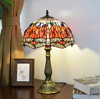 Настольная лампа Тиффани Dragonfly OFT834 Tiffany Lighting красная разноцветная 1 лампа, основание коричневое металл в стиле тиффани стрекоза