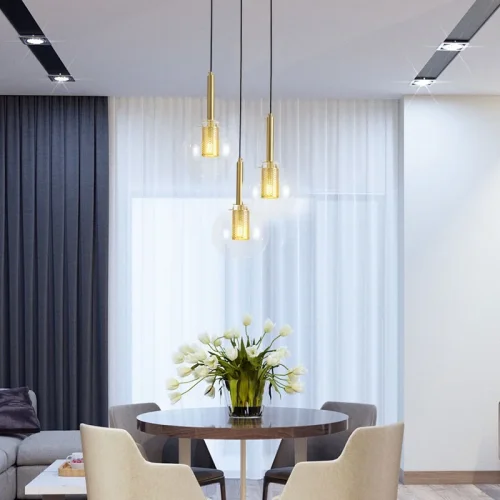 Светильник подвесной JUST 3 диск 179618-26 ImperiumLoft прозрачный на 3 лампы, основание золотое в стиле современный фото 2