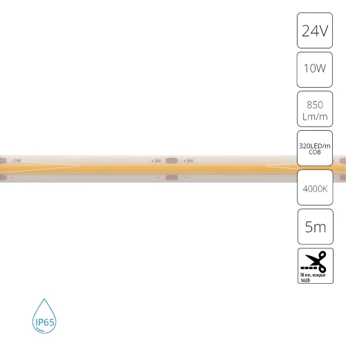 Светодиодная лента 24В 10Вт/м 850Лм/м 4000К 90+ 8мм COB 320шт/м 5м IP65 Aqua Lane A2432008-05-4K Arte Lamp цвет LED нейтральный белый 4000K, световой поток Lm
