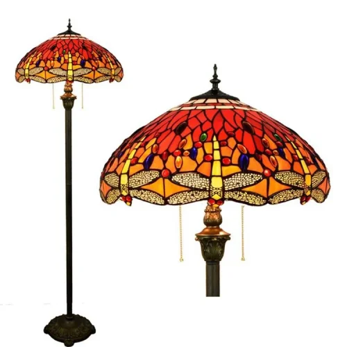 Торшер Тиффани Dragonfly OFRF1011 Tiffany Lighting стрекоза разноцветный оранжевый жёлтый красный 3 лампы, основание коричневое в стиле тиффани
