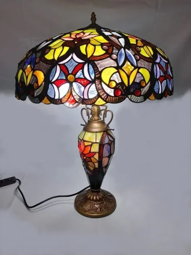 Настольная лампа Тиффани 825-804-03 Velante разноцветная 2 лампы, основание разноцветное бронзовое металл стекло в стиле тиффани орнамент цветы фото 4
