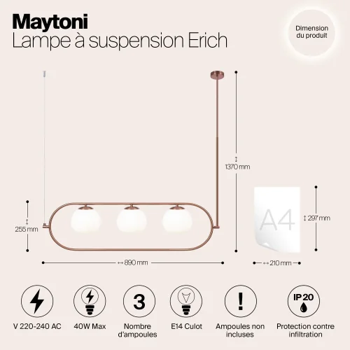 Светильник подвесной Erich MOD221PL-03BS Maytoni белый на 3 лампы, основание латунь в стиле современный шар фото 10