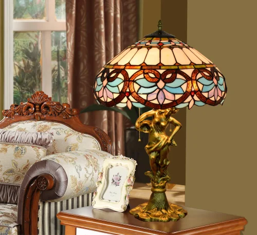 Настольная лампа Тиффани Petunia OFT931 Tiffany Lighting голубая разноцветная коричневая 2 лампы, основание золотое металл в стиле тиффани цветы орнамент фото 3