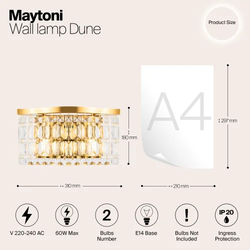 Бра Dune DIA005WL-02G Maytoni прозрачный на 2 лампы, основание золотое в стиле классический современный фото 6