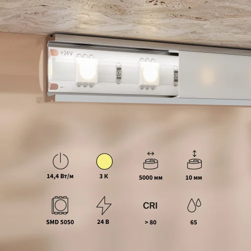Светодиодная лента 24В 5050 14,4Вт/м 3000K 5м IP 65 201192 Maytoni цвет LED тёплый белый 3000K, световой поток 1350Lm фото 2