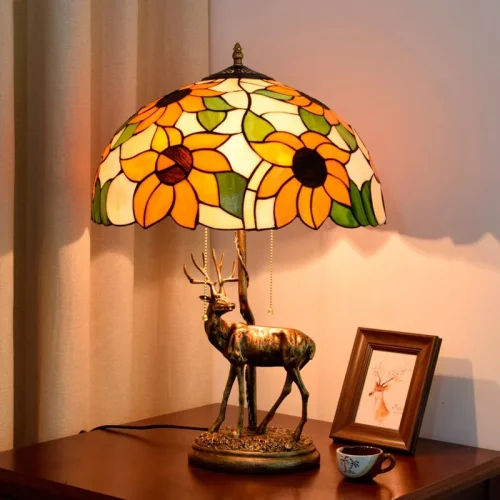 Настольная лампа Тиффани Sunflower OFT913 Tiffany Lighting разноцветная оранжевая жёлтая зелёная 2 лампы, основание бронзовое металл в стиле тиффани подсолнухи цветы фото 5