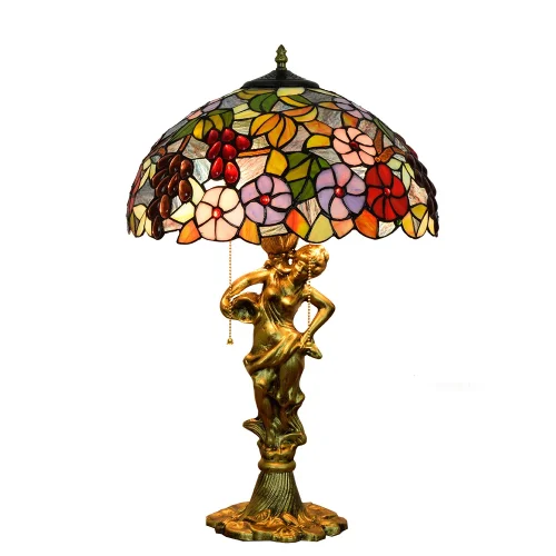 Настольная лампа Тиффани Grape OFT930 Tiffany Lighting разноцветная фиолетовая оранжевая красная зелёная 2 лампы, основание золотое металл в стиле тиффани цветы