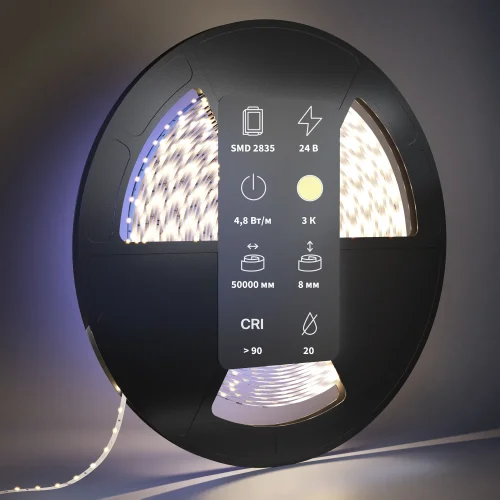 Светодиодная лента 24В 2835 4,8Вт/м 3000К 50м IP 20 201015 Maytoni цвет LED тёплый белый 3000K, световой поток 500Lm фото 2