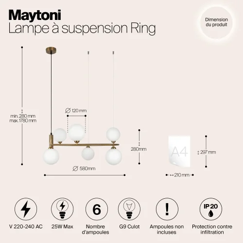 Люстра подвесная Ring MOD013PL-06BS1 Maytoni белая на 6 ламп, основание латунь в стиле современный шар фото 6