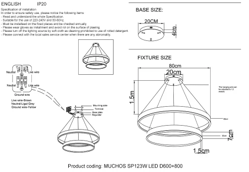 Люстра подвесная LED с пультом MUCHOS SP123W LED D600+800 GOLD Crystal Lux золотая на 1 лампа, основание золотое в стиле современный с пультом кольца фото 4