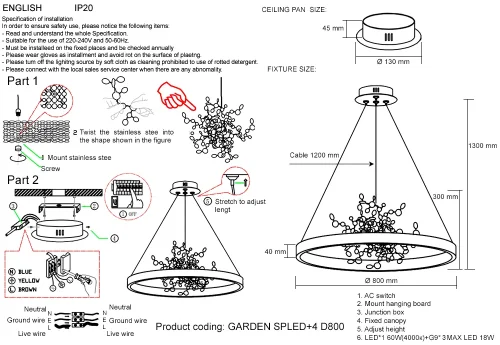 Люстра подвесная LED GARDEN SPLED+4 D800 GOLD Crystal Lux золотая на 1 лампу, основание золотое в стиле современный кольца ветви фото 5
