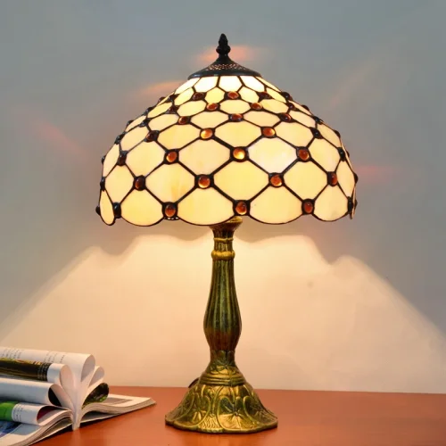 Настольная лампа Тиффани European OFT815 Tiffany Lighting коричневая бежевая 1 лампа, основание бронзовое коричневое металл в стиле тиффани орнамент фото 2