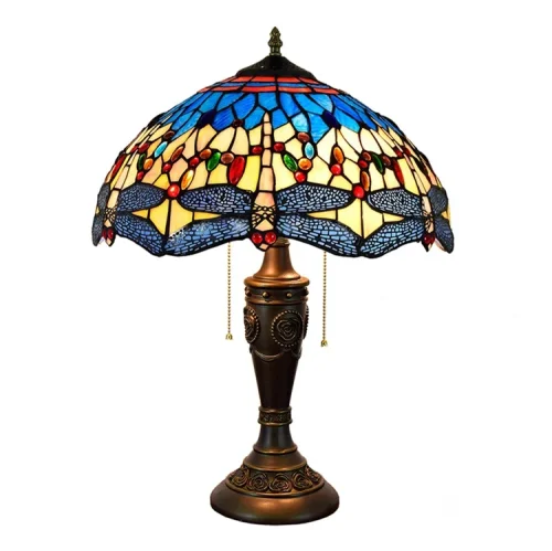Настольная лампа Тиффани Dragonfly OFT888 Tiffany Lighting голубая разноцветная синяя жёлтая 2 лампы, основание коричневое полимер в стиле тиффани стрекоза