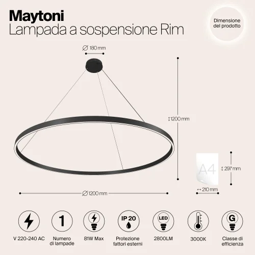 Светильник подвесной LED Rim MOD058PL-L65B3K Maytoni чёрный на 1 лампу, основание чёрное в стиле современный хай-тек минимализм кольца фото 6
