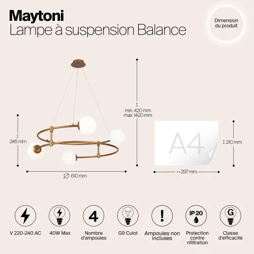 Светильник подвесной Balance MOD317PL-04G Maytoni белый на 4 лампы, основание золотое в стиле современный шар фото 5