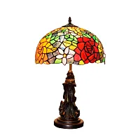 Настольная лампа Тиффани Rose OFT863 Tiffany Lighting разноцветная жёлтая красная зелёная 1 лампа, основание коричневое металл в стиле тиффани девушка цветы