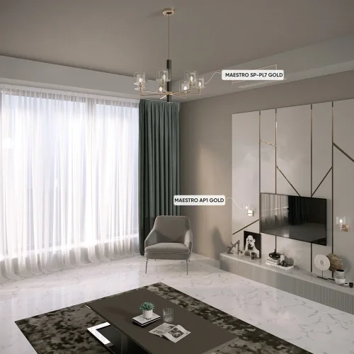 Люстра на штанге MAESTRO SP-PL7 GOLD Crystal Lux белая прозрачная на 7 ламп, основание золотое в стиле современный фото 4