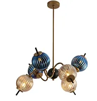 Люстра на штанге Zhizel APL.608.07.06 Aployt янтарная синяя на 6 ламп, основание бронзовое в стиле арт-деко современный шар