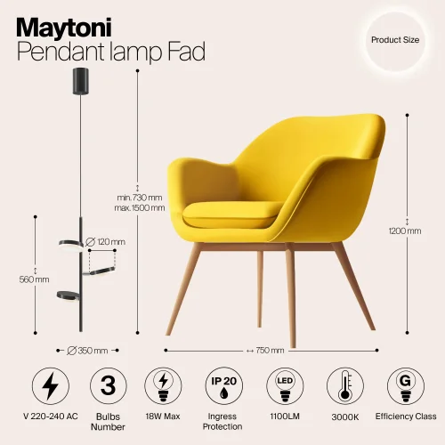 Светильник подвесной LED Fad MOD070PL-L18B3K Maytoni белый чёрный на 3 лампы, основание чёрное в стиле современный фото 3