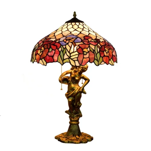 Настольная лампа Тиффани Flower OFT937 Tiffany Lighting разноцветная синяя красная зелёная 2 лампы, основание золотое металл в стиле тиффани цветы