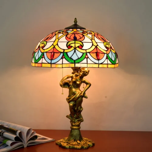 Настольная лампа Тиффани Petunia OFT945 Tiffany Lighting разноцветная оранжевая жёлтая зелёная 2 лампы, основание золотое металл в стиле тиффани цветы фото 2