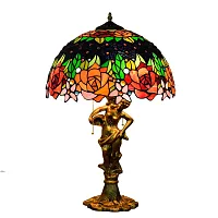 Настольная лампа Тиффани Rose OFT939 Tiffany Lighting разноцветная оранжевая красная зелёная 2 лампы, основание золотое металл в стиле тиффани цветы