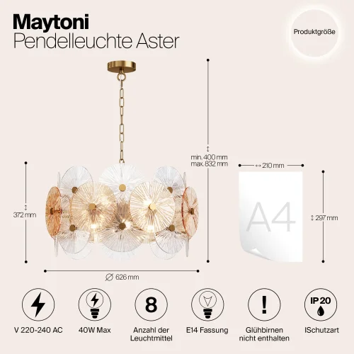 Люстра подвесная Aster MOD007PL-08G Maytoni прозрачная янтарная на 8 ламп, основание золотое в стиле современный арт-деко фото 11