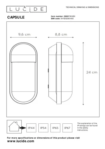 Настенный светильник уличный Capsule 29897/01/31 Lucide уличный IP65 белый на 1 лампу, плафон прозрачный в стиле классический E27 фото 4
