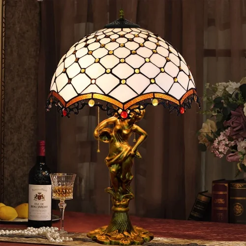 Настольная лампа Тиффани European OFT946 Tiffany Lighting разноцветная коричневая белая 2 лампы, основание золотое металл в стиле тиффани орнамент фото 9