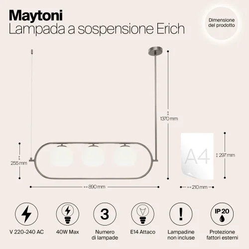 Светильник подвесной Erich MOD221PL-03N Maytoni белый на 3 лампы, основание никель в стиле современный шар фото 4