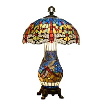 Настольная лампа Тиффани Dragonfly OFT951 Tiffany Lighting голубая разноцветная жёлтая красная 2 лампы, основание разноцветное коричневое стекло металл в стиле тиффани стрекоза