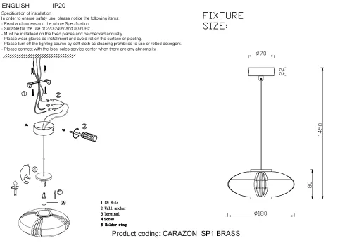 Светильник подвесной CARAZON  SP1 BRASS Crystal Lux прозрачный 1 лампа, основание латунь в стиле модерн  фото 2