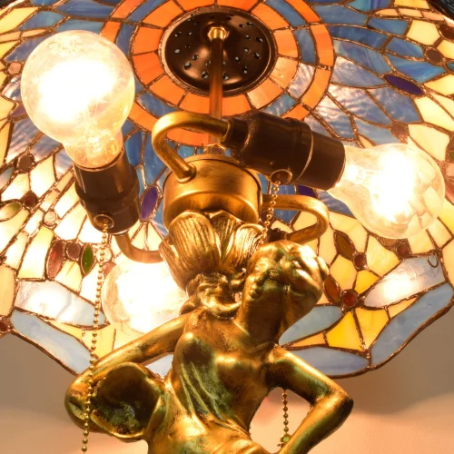 Настольная лампа Тиффани Dragonfly OFT929 Tiffany Lighting голубая разноцветная жёлтая 2 лампы, основание золотое металл в стиле тиффани стрекоза фото 3