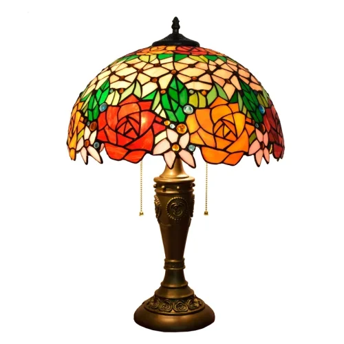 Настольная лампа Тиффани Rose OFT889 Tiffany Lighting разноцветная оранжевая красная зелёная 2 лампы, основание коричневое полимер в стиле тиффани цветы фото 2