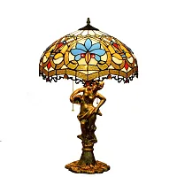 Настольная лампа Тиффани Petunia OFT941 Tiffany Lighting голубая разноцветная оранжевая коричневая 2 лампы, основание золотое металл в стиле тиффани орнамент цветы